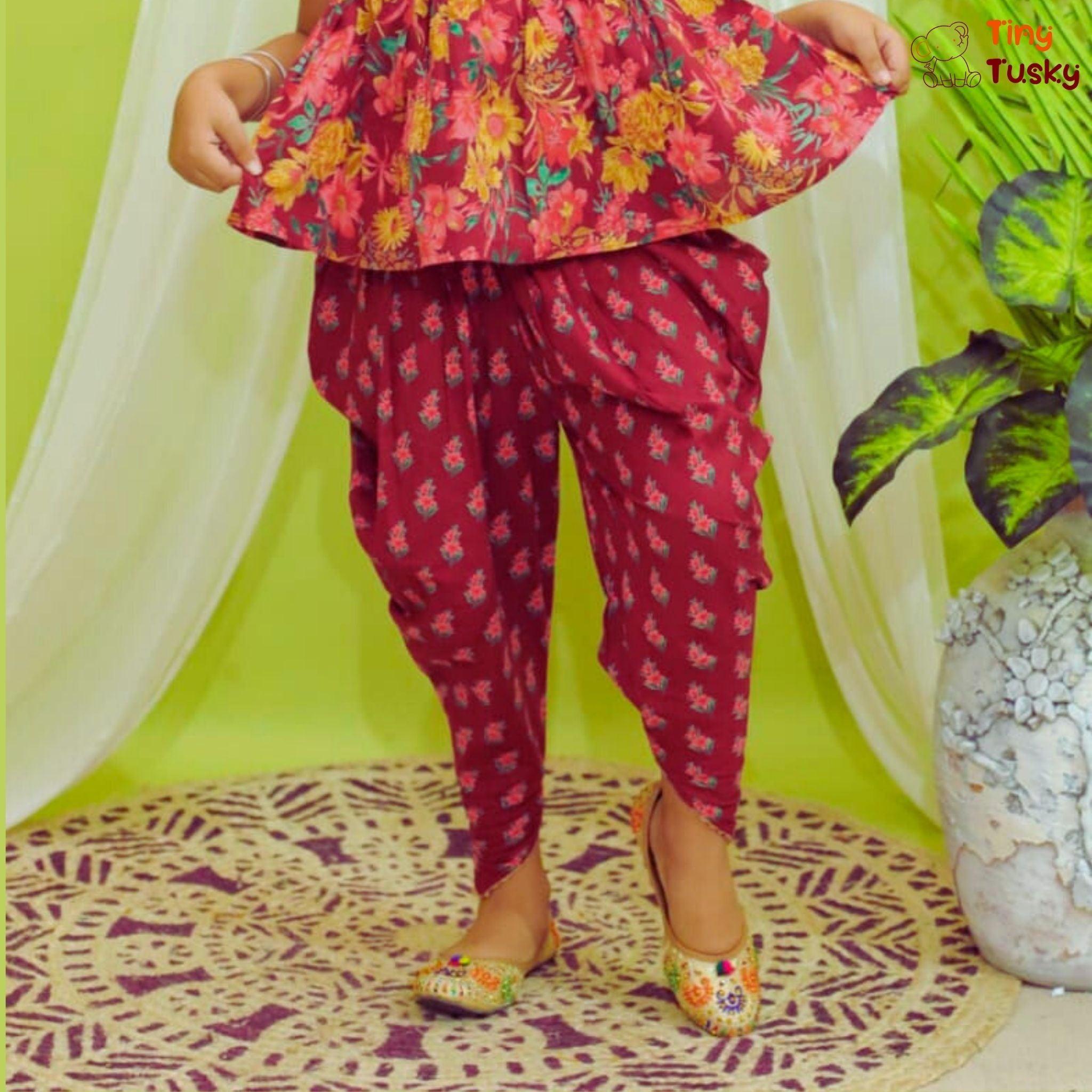 Red One Shoulder Top With Stylish Dhoti - Tiny Tusky