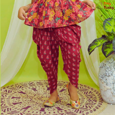Red One Shoulder Top With Stylish Dhoti - Tiny Tusky