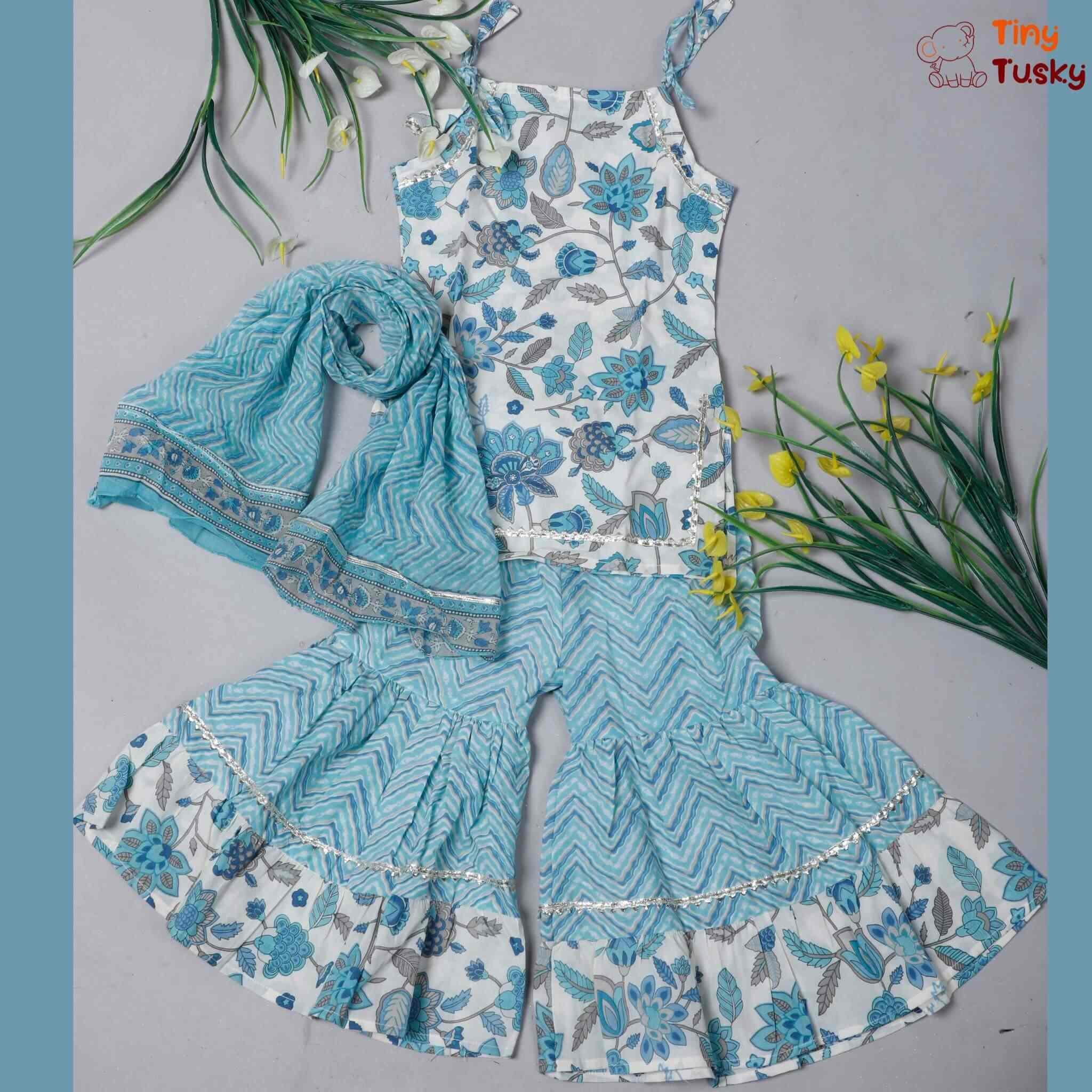 Spaghetti Straps Blue Top And Sharara With Matching Gota Lace Work Dupatta - Tiny Tusky