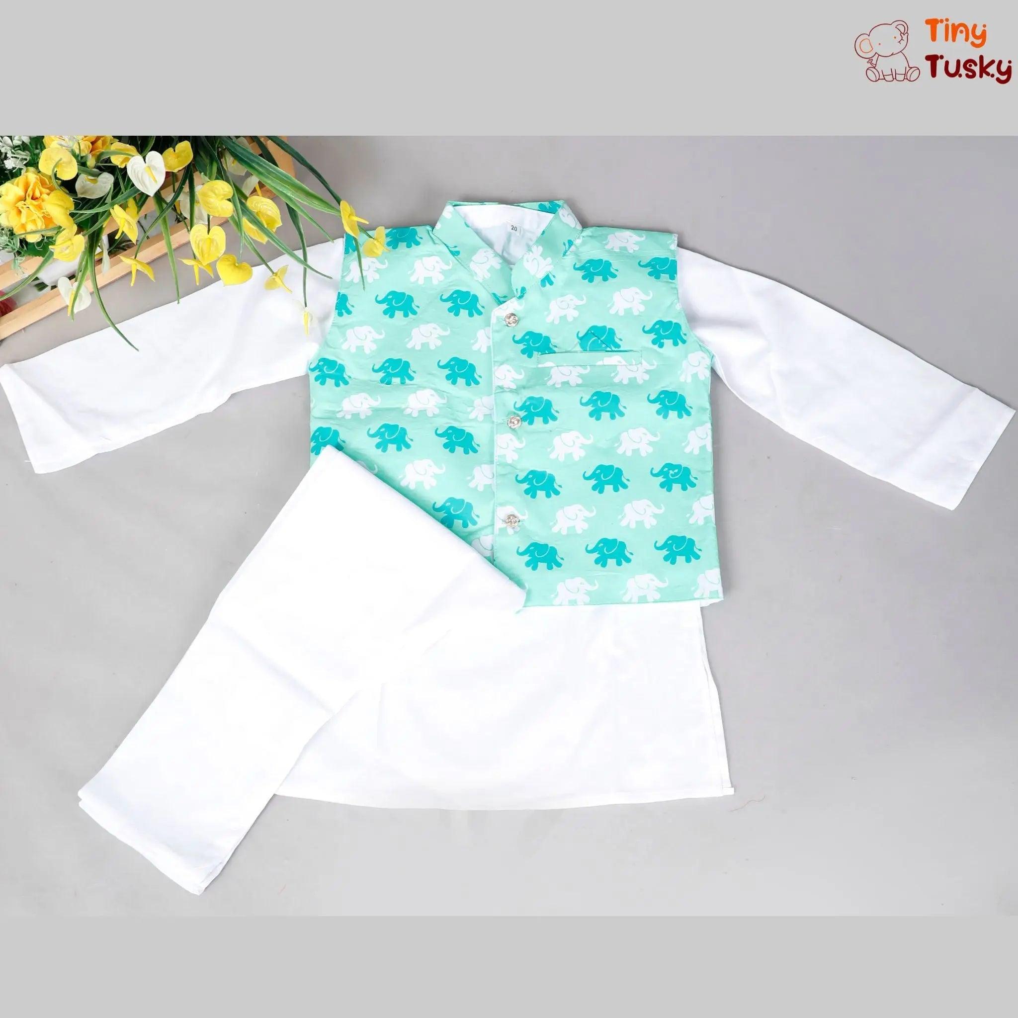 Stylish Green Elephant Print Jacket With White Kurta And Pajama - Tiny Tusky