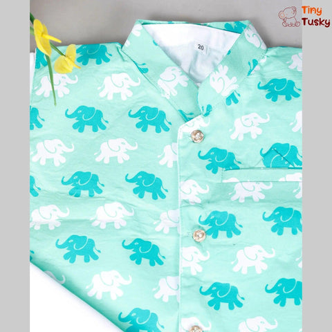 Stylish Green Elephant Print Jacket With White Kurta And Pajama - Tiny Tusky