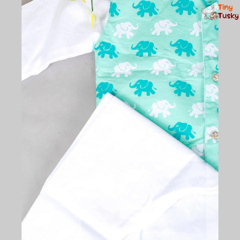 Stylish Green Elephant Print Jacket With White Kurta And Pajama - Tiny Tusky