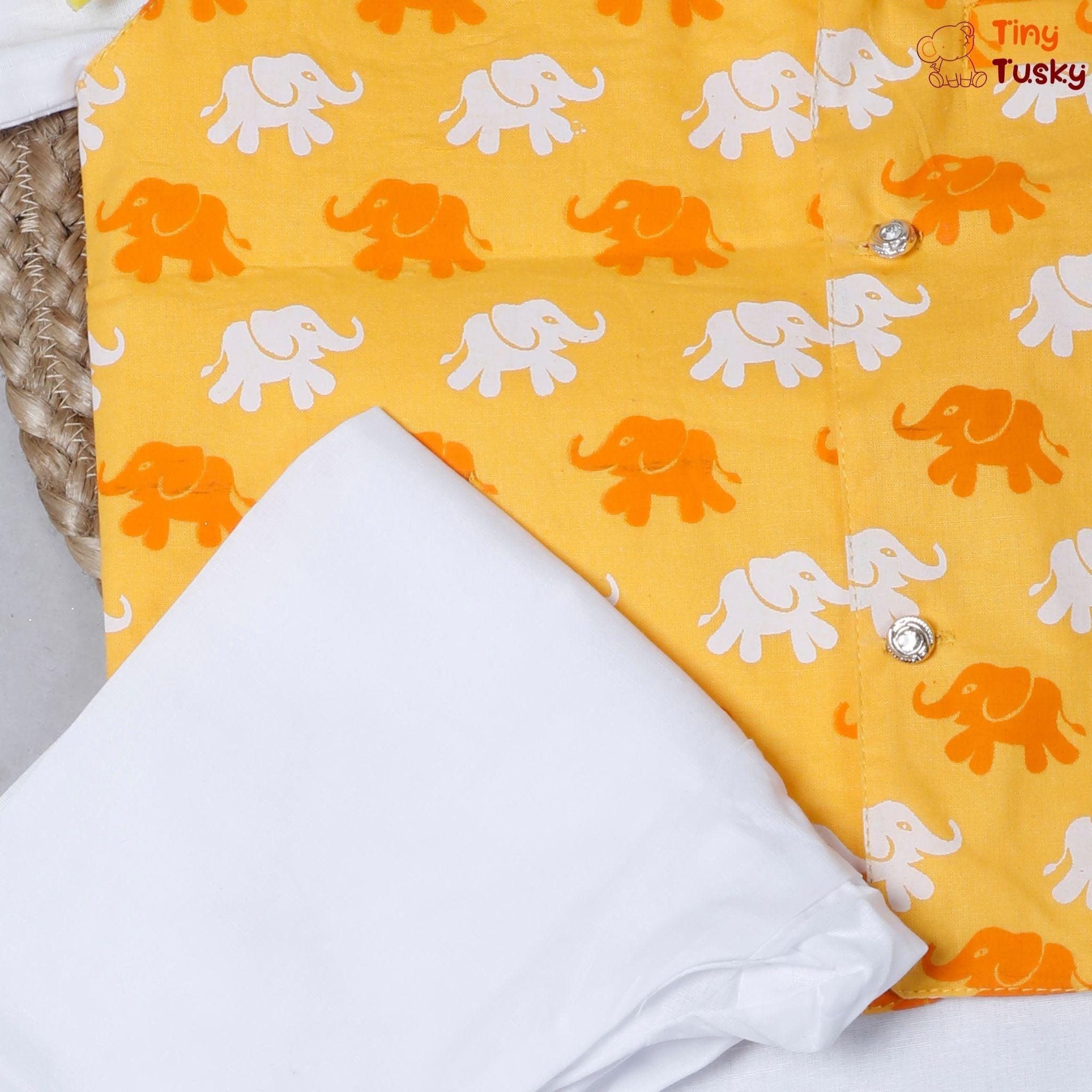 Stylish Yellow Elephant Print Jacket With White Kurta And Pajama - Tiny Tusky