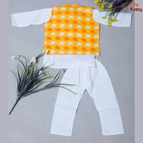 Stylish Yellow Elephant Print Jacket With White Kurta And Pajama - Tiny Tusky