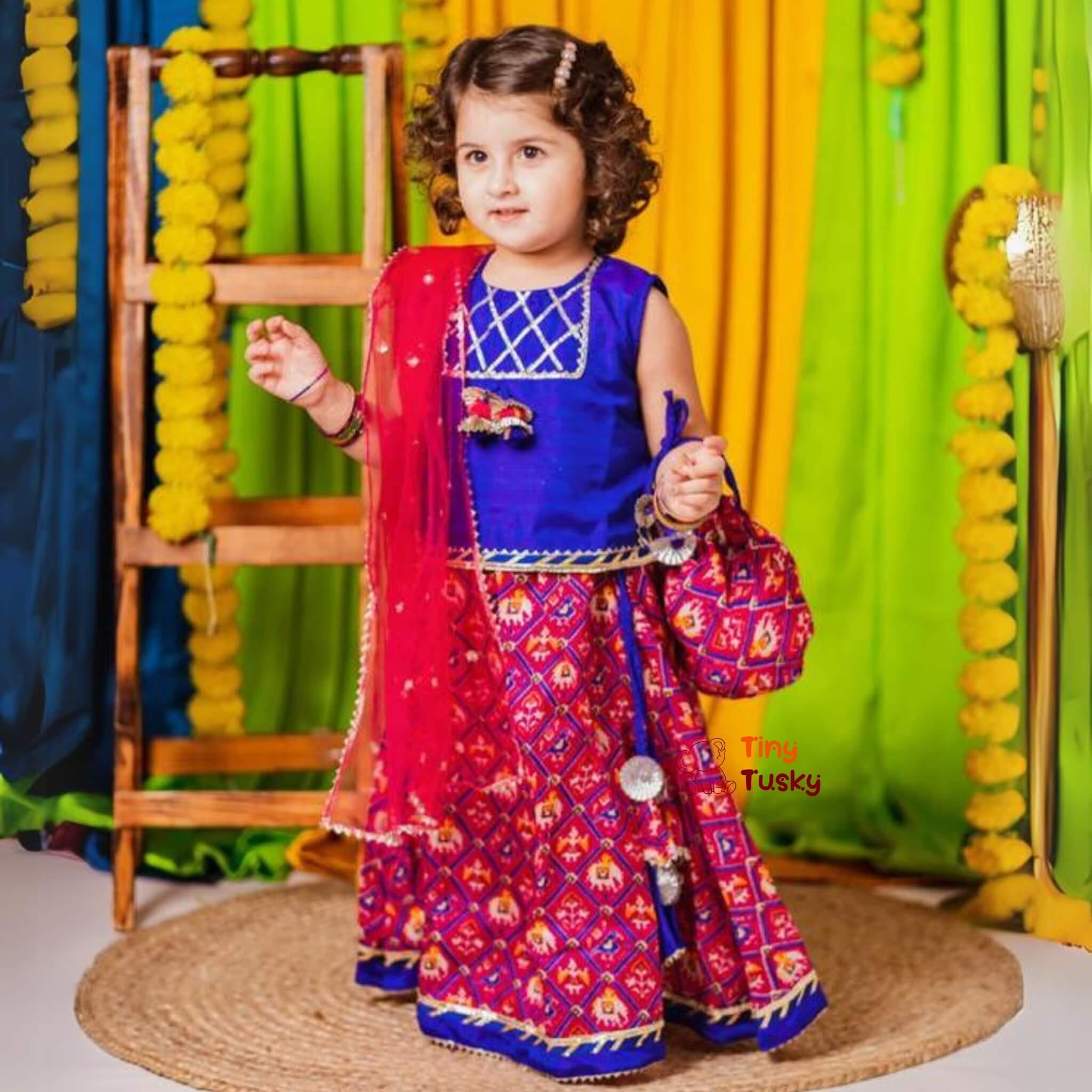 Blue Pink Silk Blend Bandhani Lehenga Set with Gotta Lace Work - Tiny Tusky
