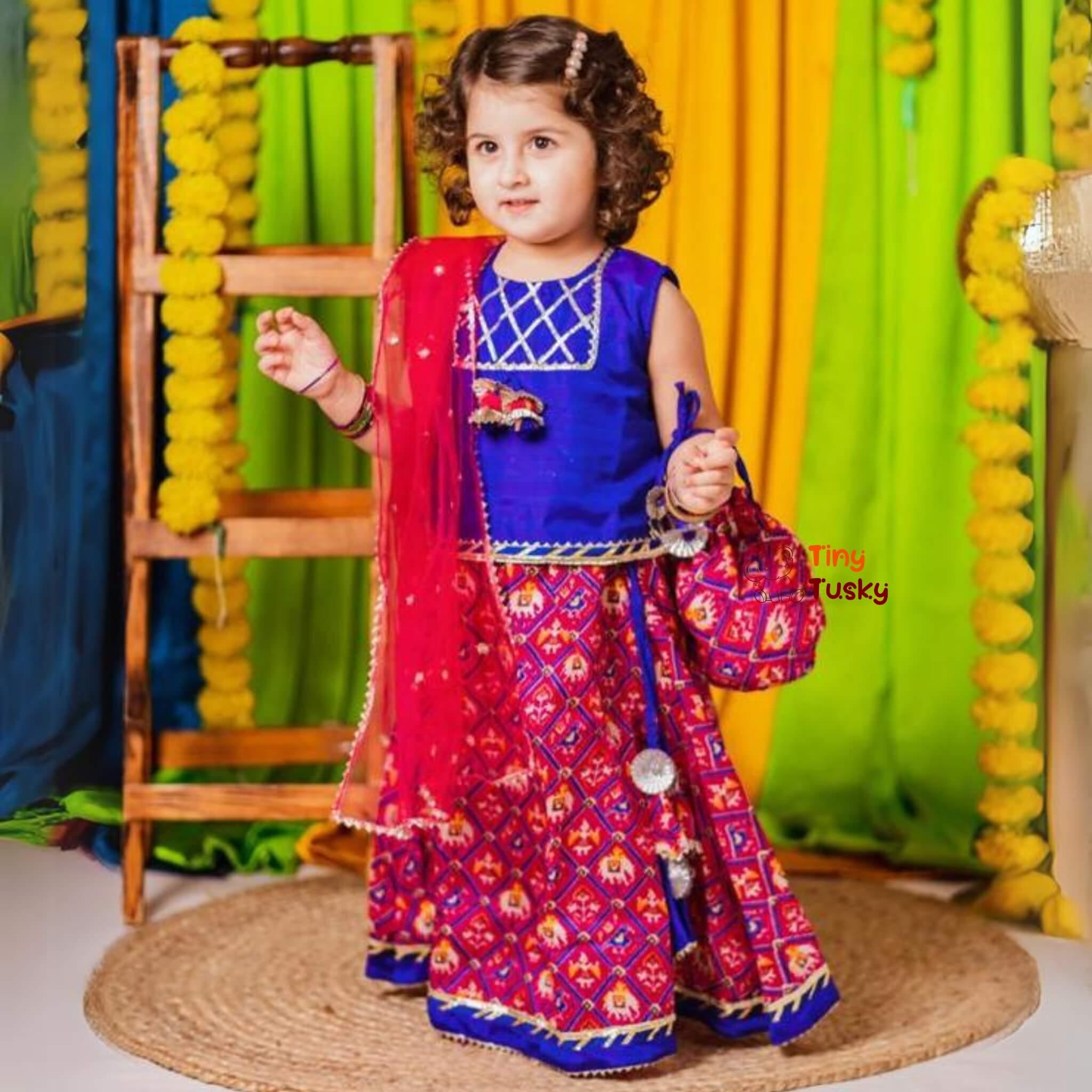 Blue Pink Silk Blend Bandhani Lehenga Set with Gotta Lace Work - Tiny Tusky