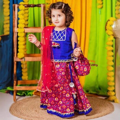 Blue Pink Silk Blend Bandhani Lehenga Set with Gotta Lace Work - Tiny Tusky