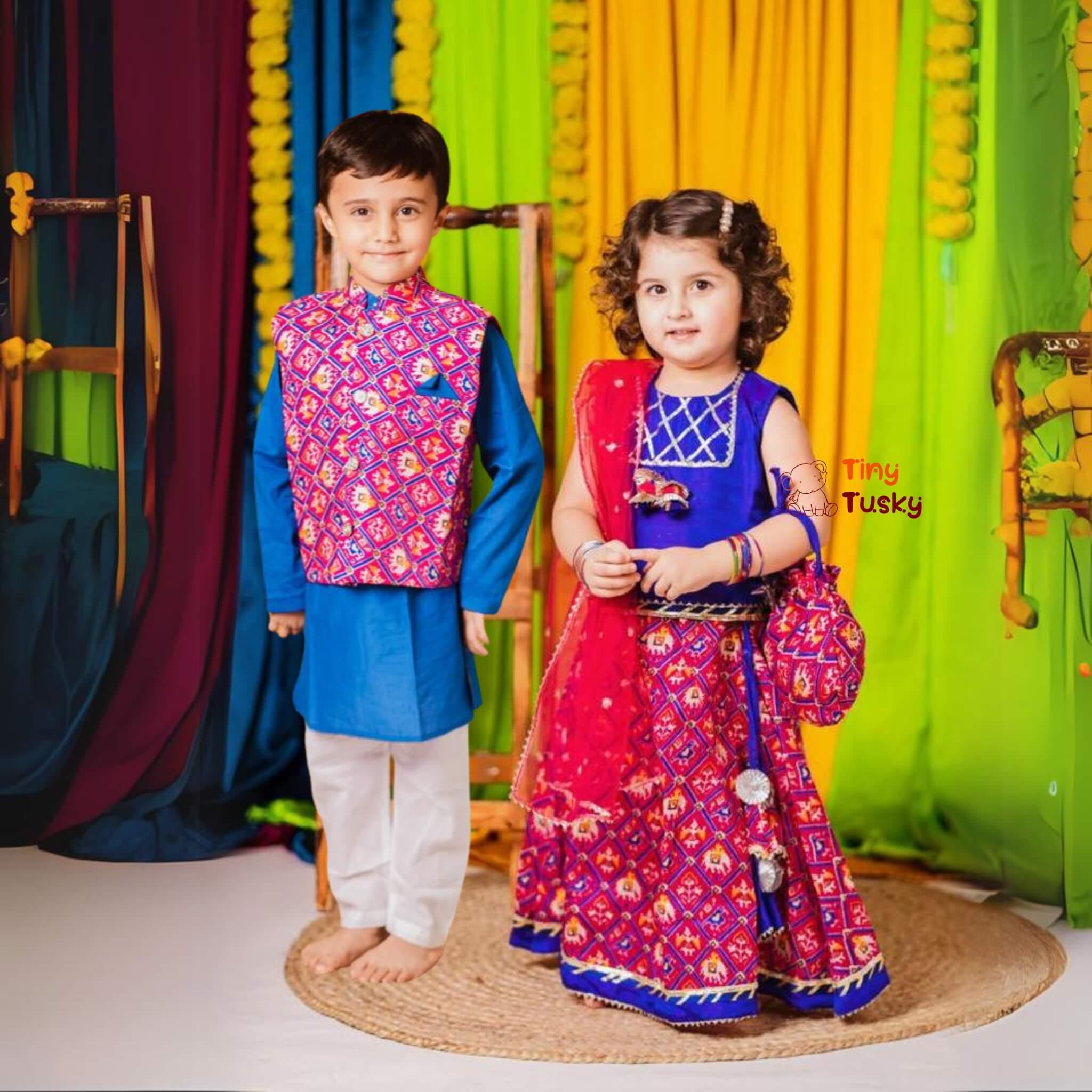 Blue Pink Silk Blend Bandhani Lehenga Set with Gotta Lace Work - Tiny Tusky