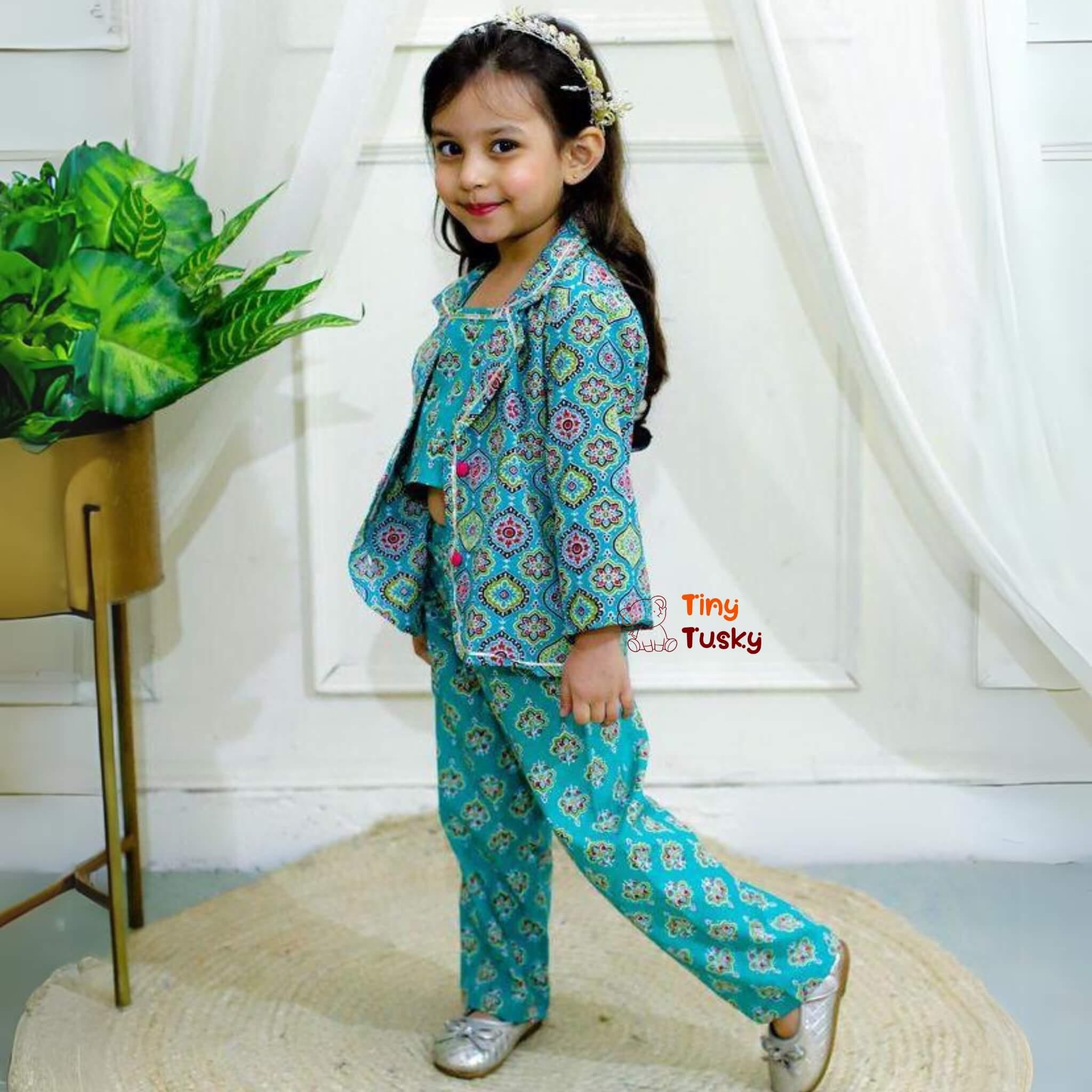 Girls Teal Green Cotton Crop Top Pant With Gotta Work Jacket - Tiny Tusky