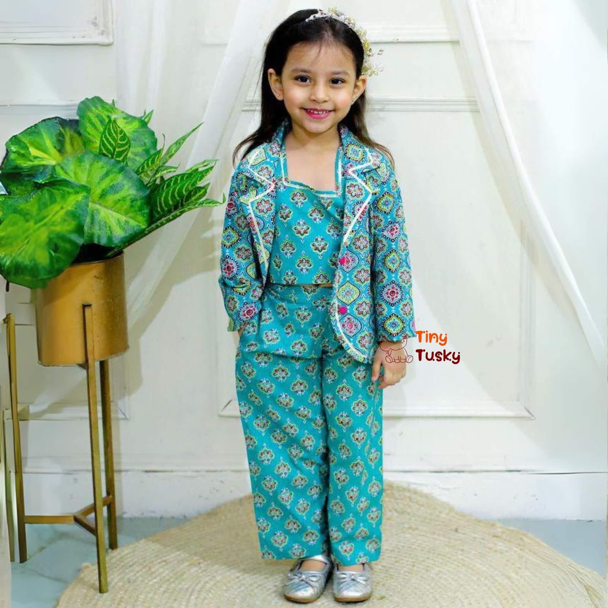 Girls Teal Green Cotton Crop Top Pant With Gotta Work Jacket - Tiny Tusky