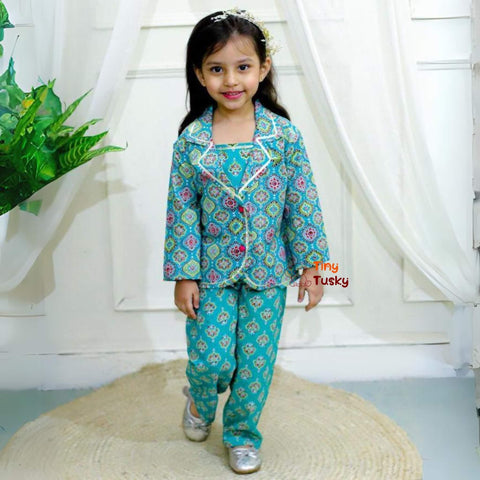 Girls Teal Green Cotton Crop Top Pant With Gotta Work Jacket - Tiny Tusky