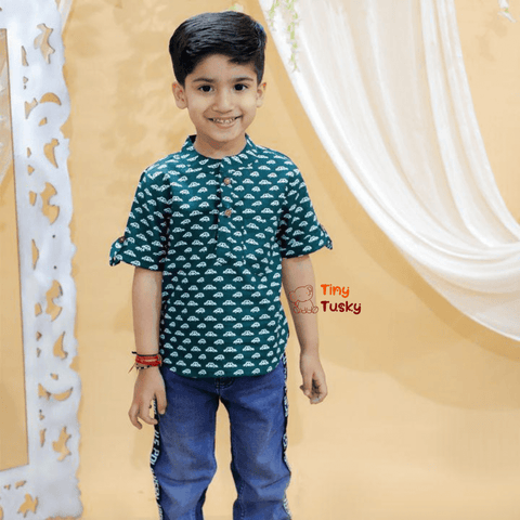 Tiny Tusky Boys Dark Green Cotton Car Shirt - Tiny Tusky