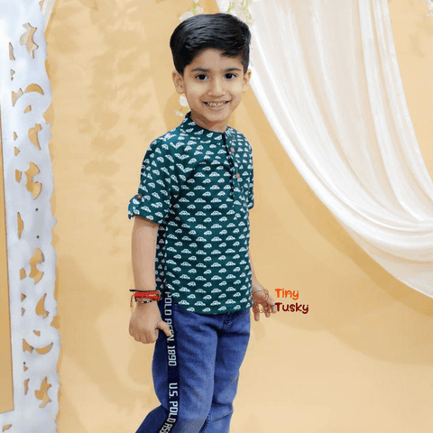 Tiny Tusky Boys Dark Green Cotton Car Shirt - Tiny Tusky