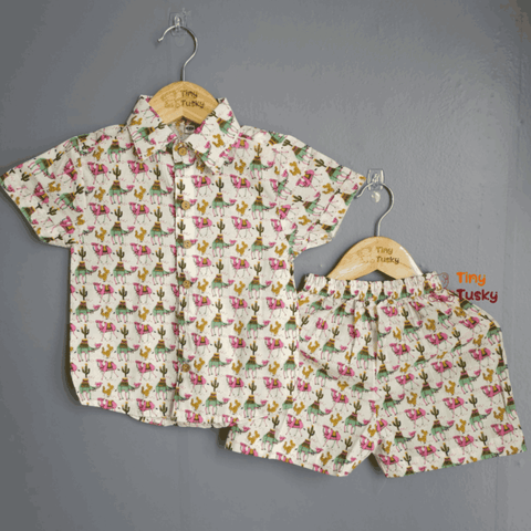 Tiny Tusky Kids' Camel Print Co-Ord Set in Beige and Pink - Tiny Tusky