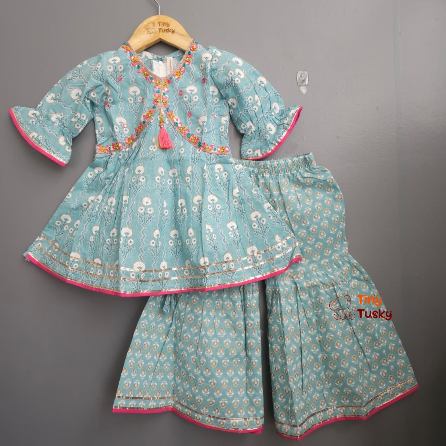 Tiny Tusky: Blue Floral Embroidered Kids' Sharara Suit