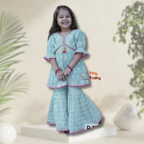 Tiny Tusky: Blue Floral Embroidered Kids' Sharara Suit
