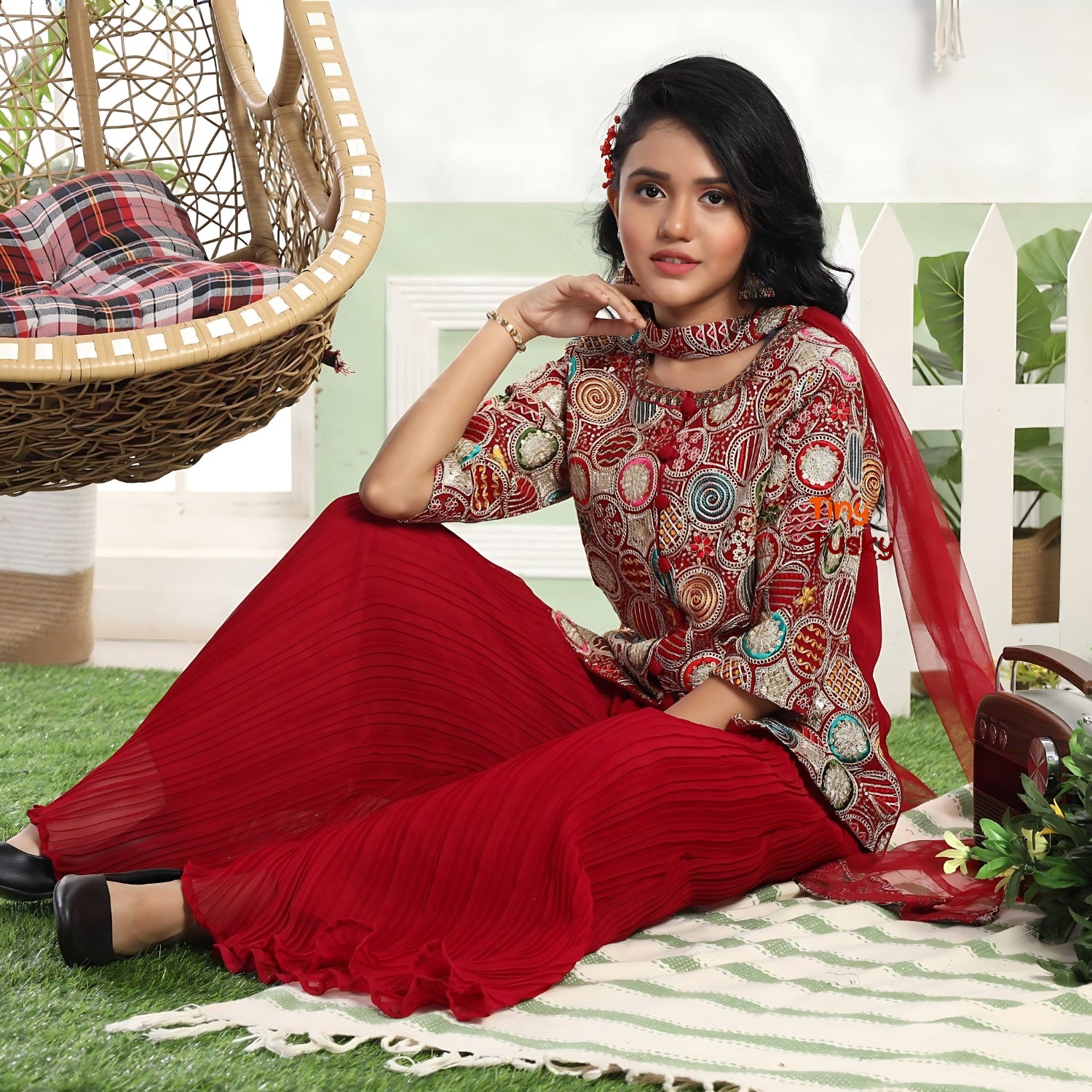 Girls Maroon Embroidered Sharara Suit with Dupatta