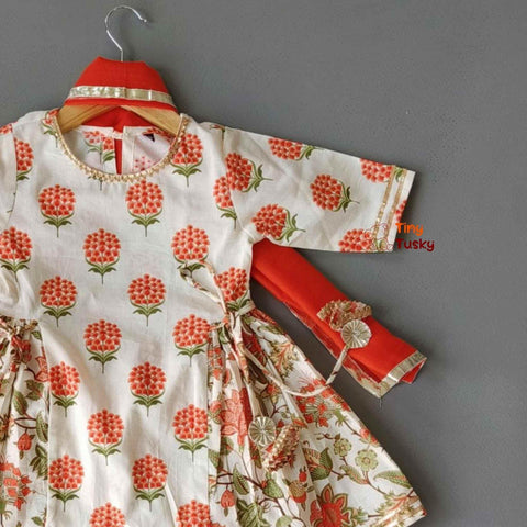 Orange Fusion Top Sharara Set With Cotton Dupatta And Gota Patti Border - Tiny Tusky