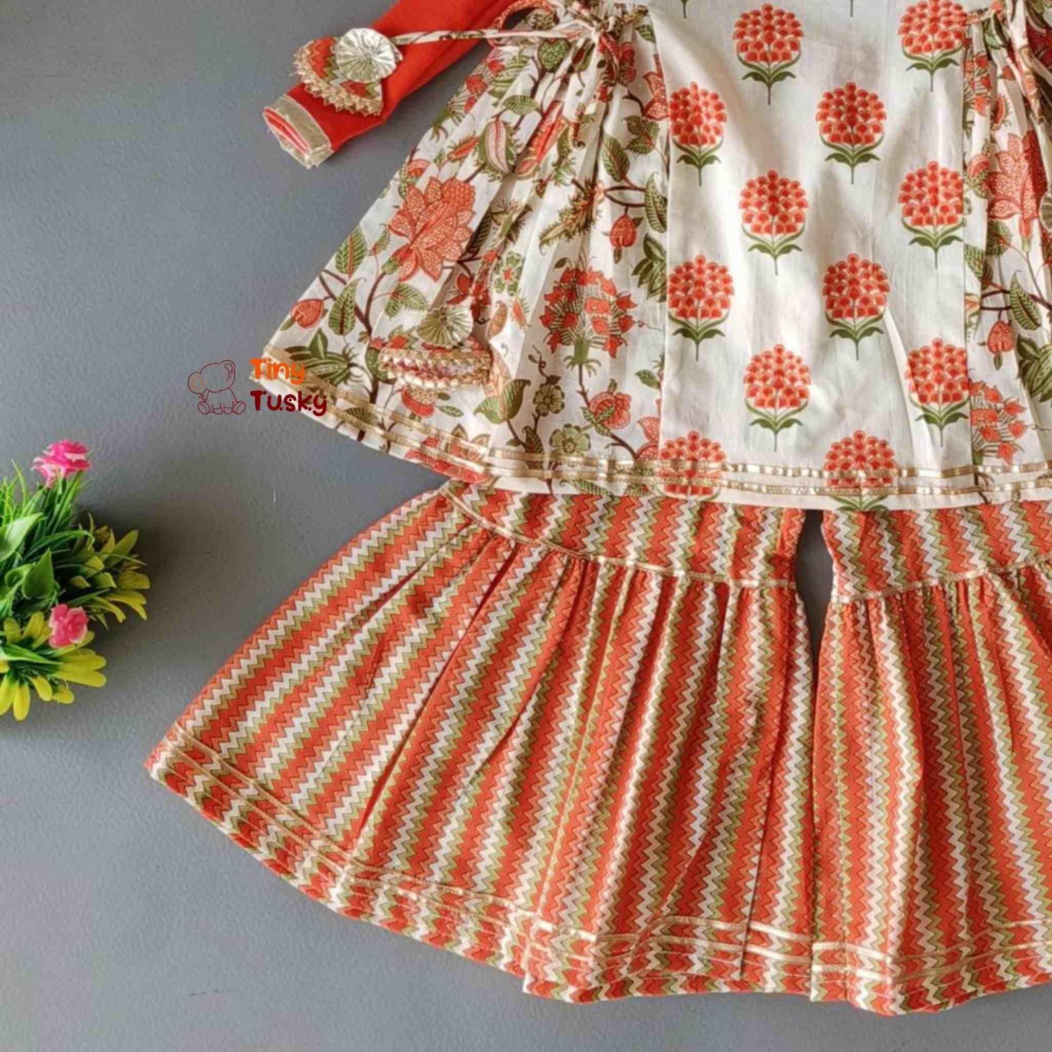Orange Fusion Top Sharara Set With Cotton Dupatta And Gota Patti Border - Tiny Tusky