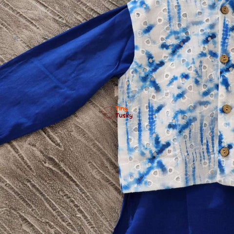 Cotton Blue Kurta Set With Tie And Dye Jacket - Tiny Tusky