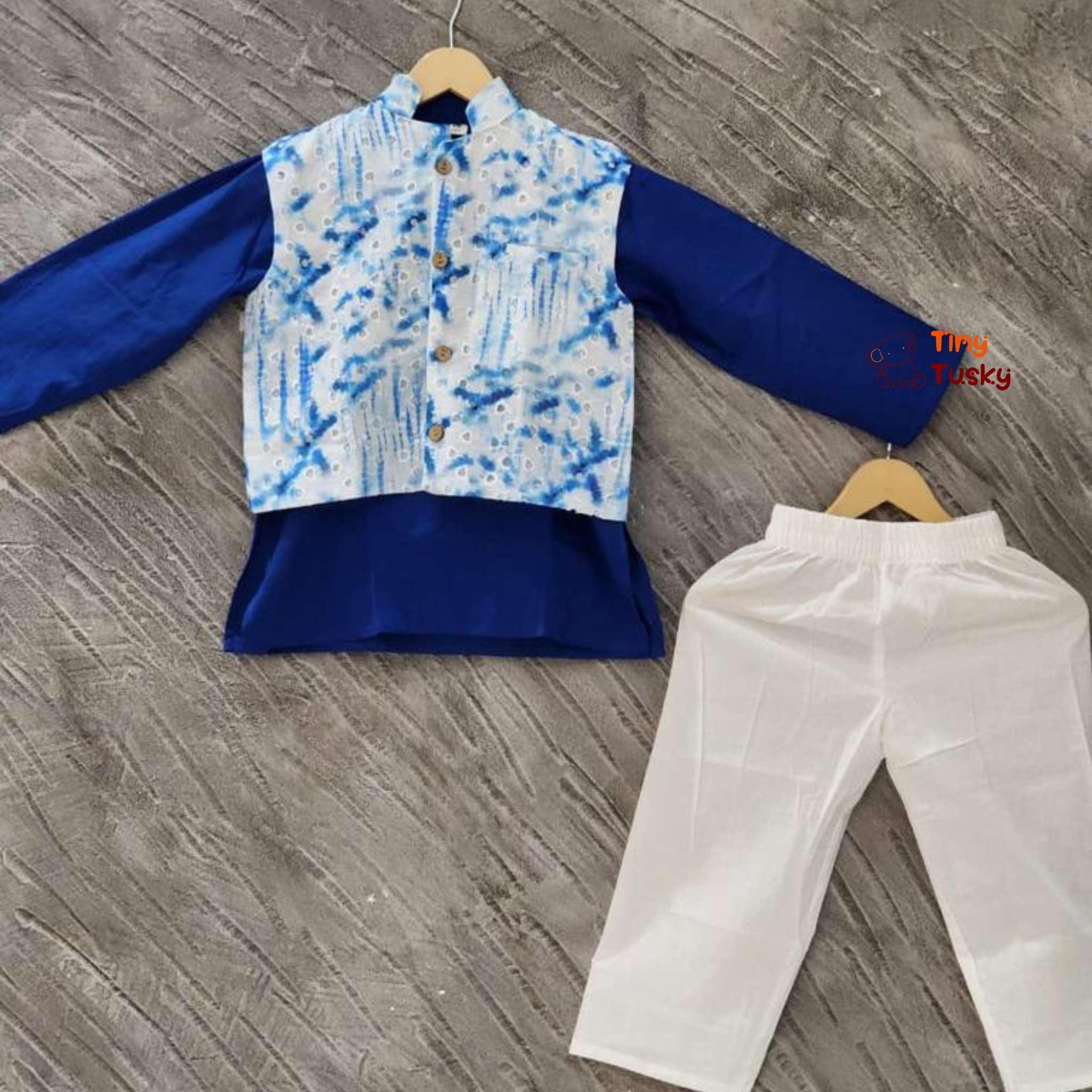 Cotton Blue Kurta Set With Tie And Dye Jacket - Tiny Tusky