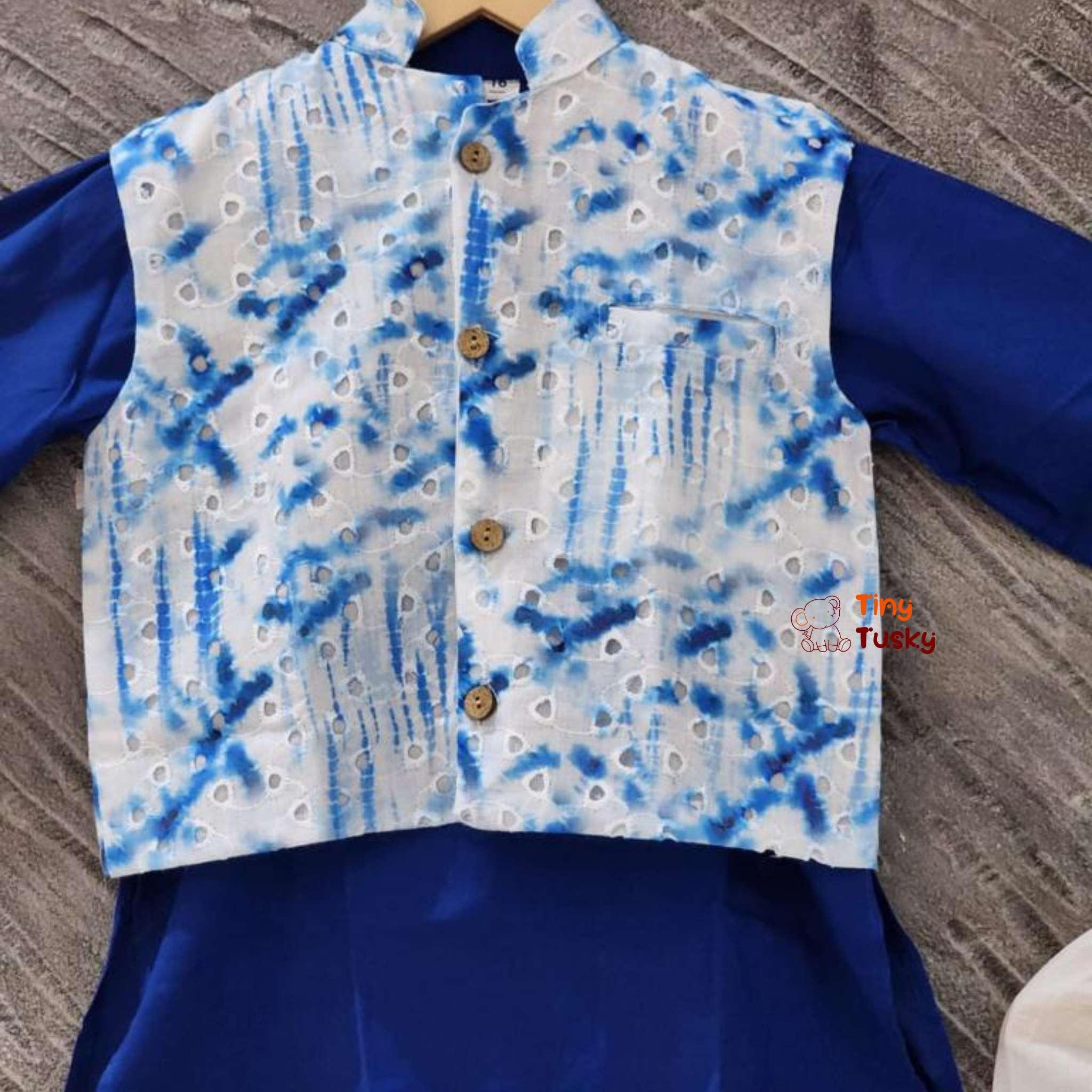 Cotton Blue Kurta Set With Tie And Dye Jacket - Tiny Tusky