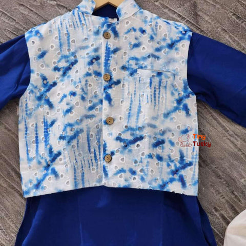 Cotton Blue Kurta Set With Tie And Dye Jacket - Tiny Tusky
