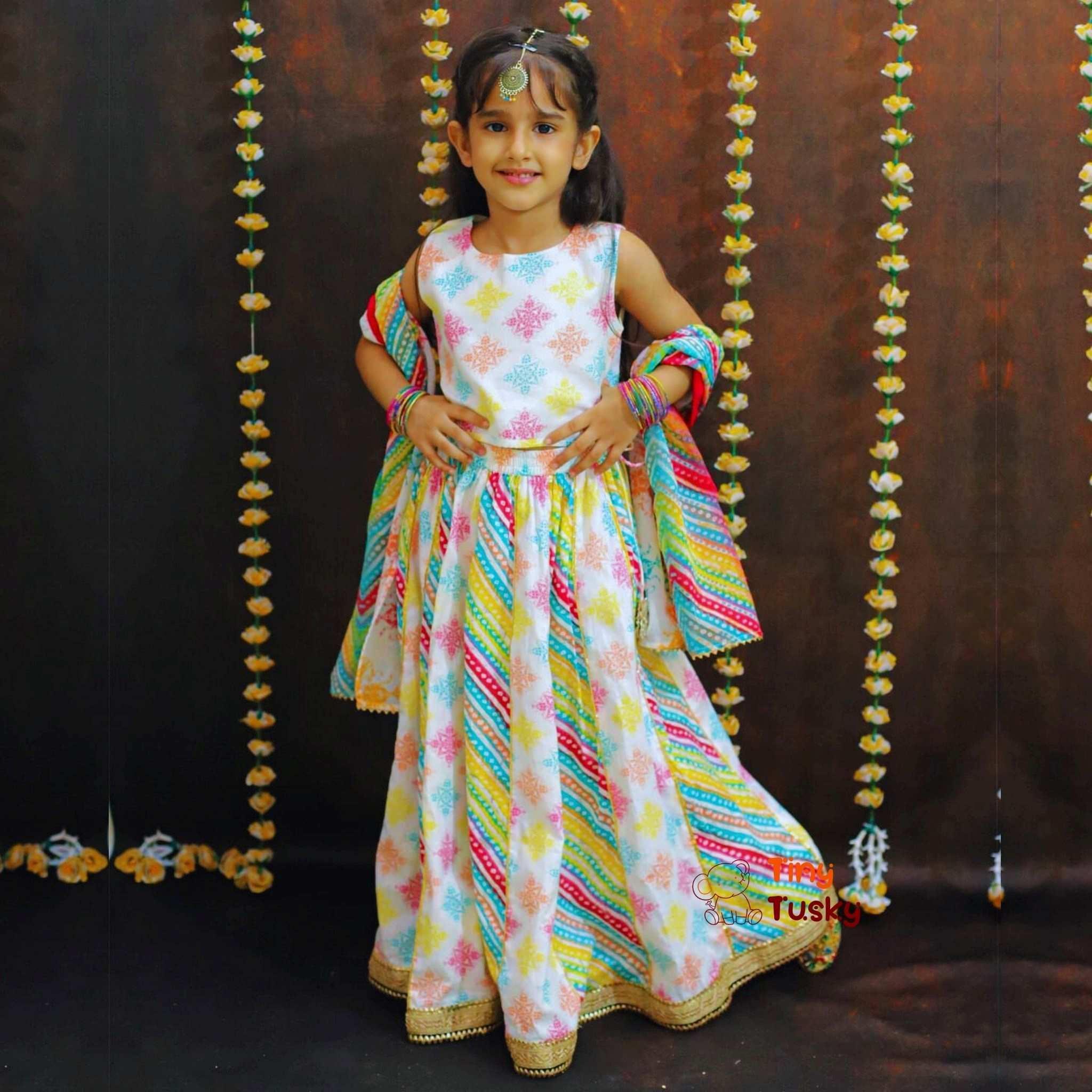Elegant Multicolor Girl's Lehenga With Sleeveless Top And Dupatta - Tiny Tusky