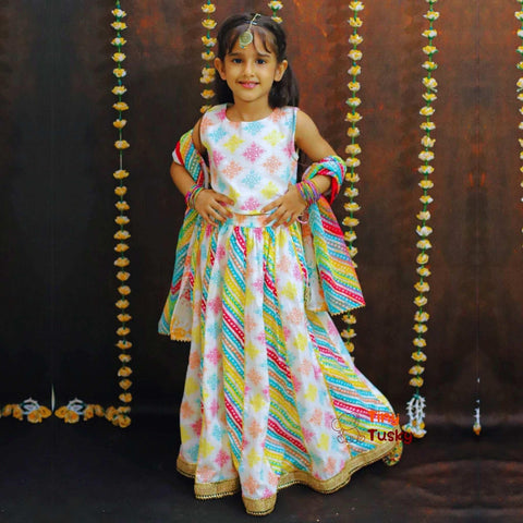 Elegant Multicolor Girl's Lehenga With Sleeveless Top And Dupatta - Tiny Tusky