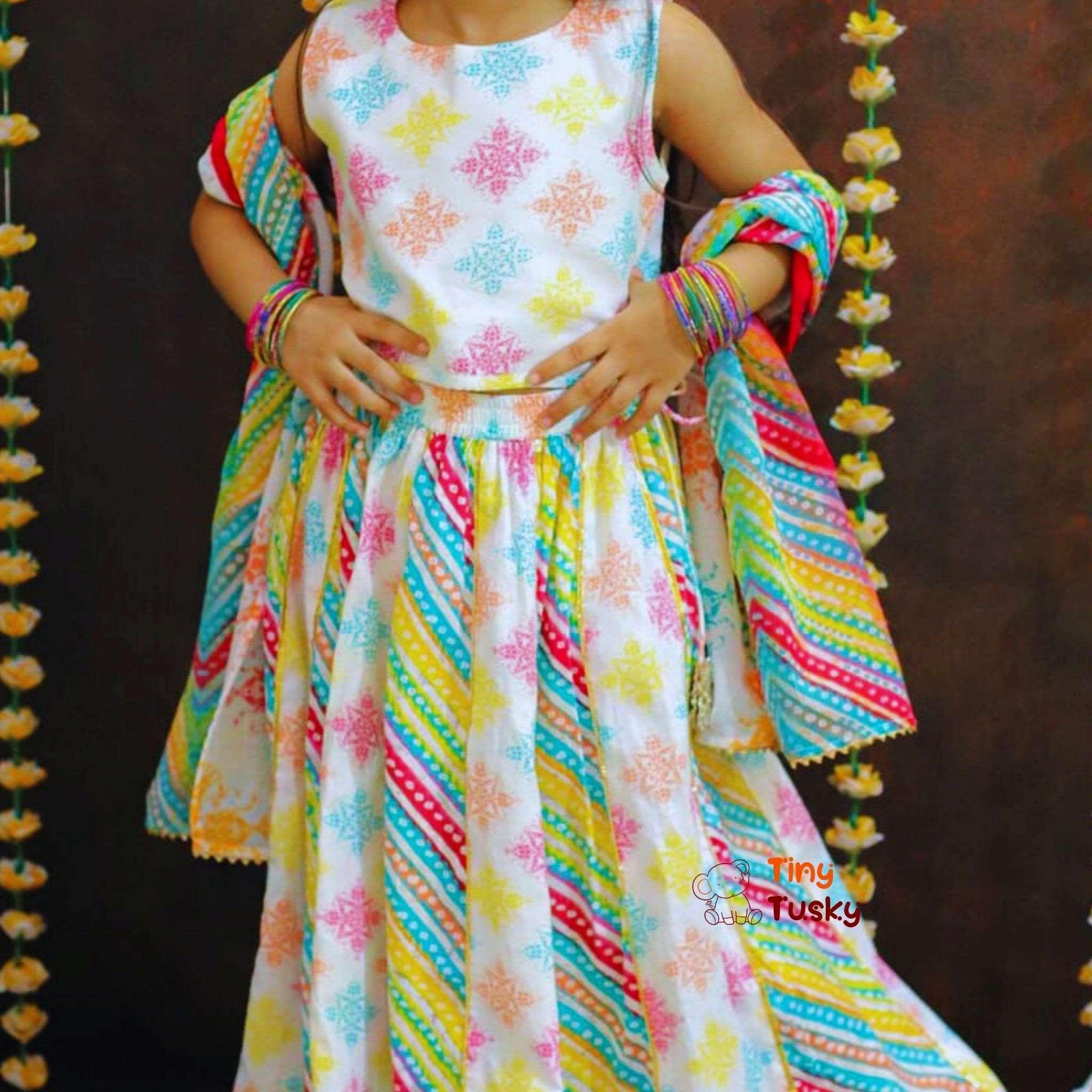 Elegant Multicolor Girl's Lehenga With Sleeveless Top And Dupatta - Tiny Tusky