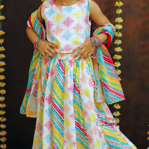 Elegant Multicolor Girl's Lehenga With Sleeveless Top And Dupatta - Tiny Tusky