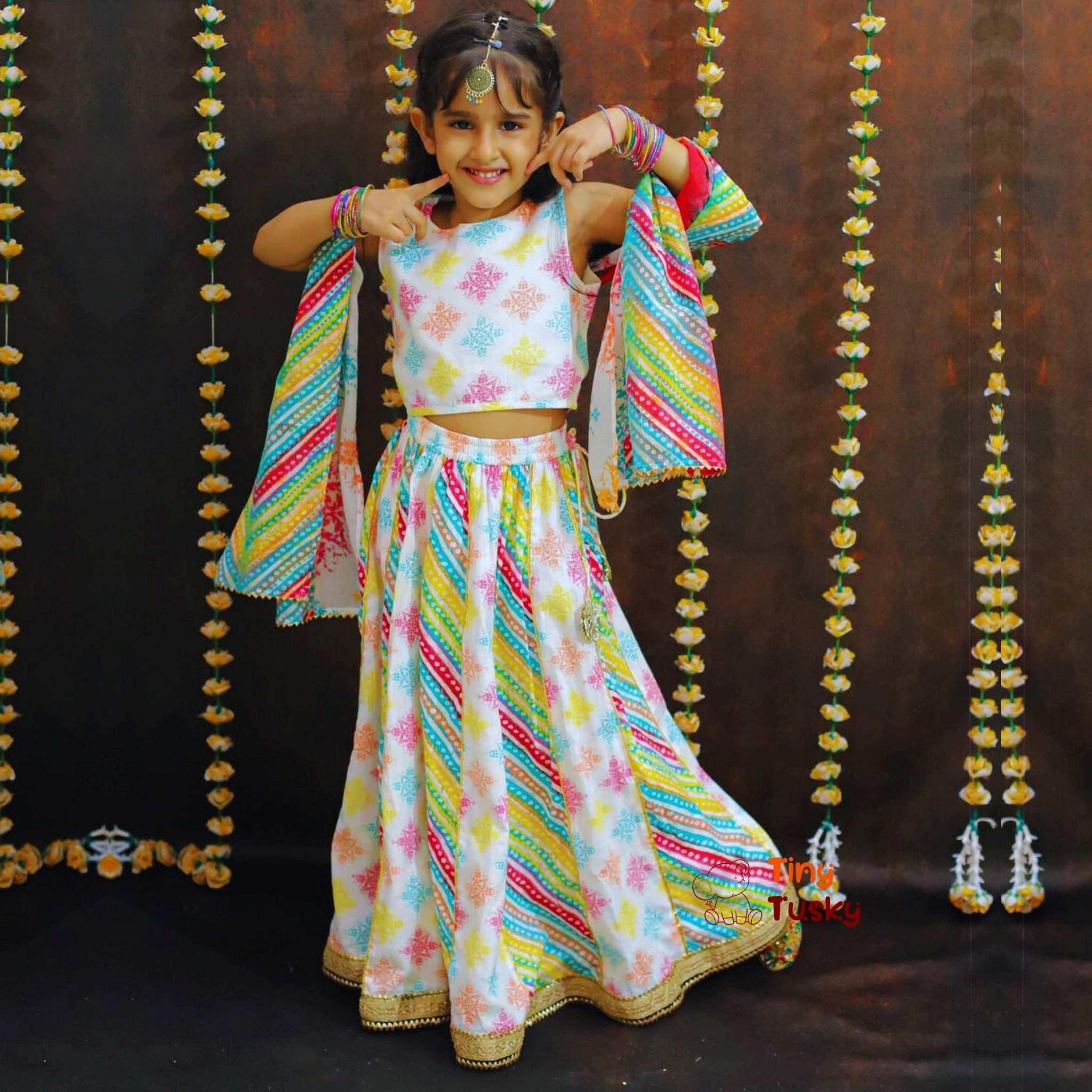 Elegant Multicolor Girl's Lehenga With Sleeveless Top And Dupatta - Tiny Tusky