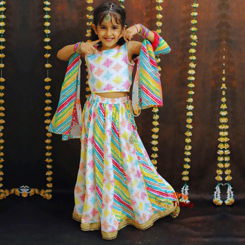 Elegant Multicolor Girl's Lehenga With Sleeveless Top And Dupatta - Tiny Tusky