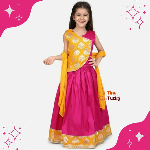 Pretty Magenta Foil Print Girls Lehenga Top With Dupatta - Tiny Tusky