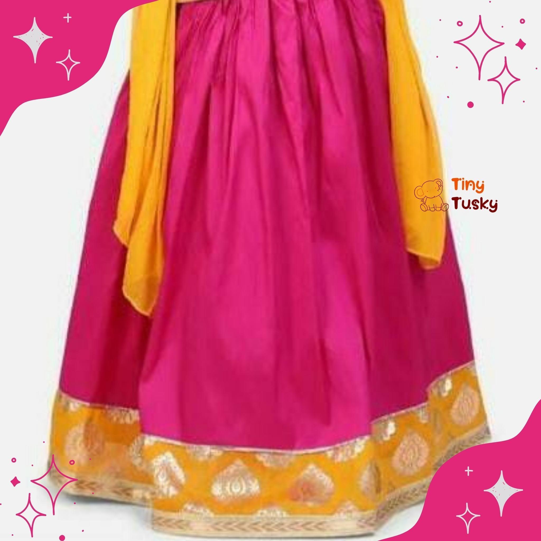 Pretty Magenta Foil Print Girls Lehenga Top With Dupatta - Tiny Tusky
