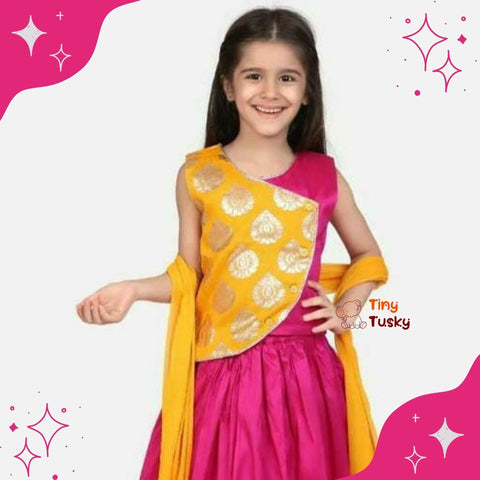 Pretty Magenta Foil Print Girls Lehenga Top With Dupatta - Tiny Tusky