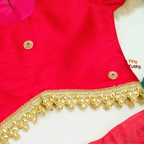 Vibrant Pink Girls Brocade Lehenga With Silk Top And Dupatta - Tiny Tusky