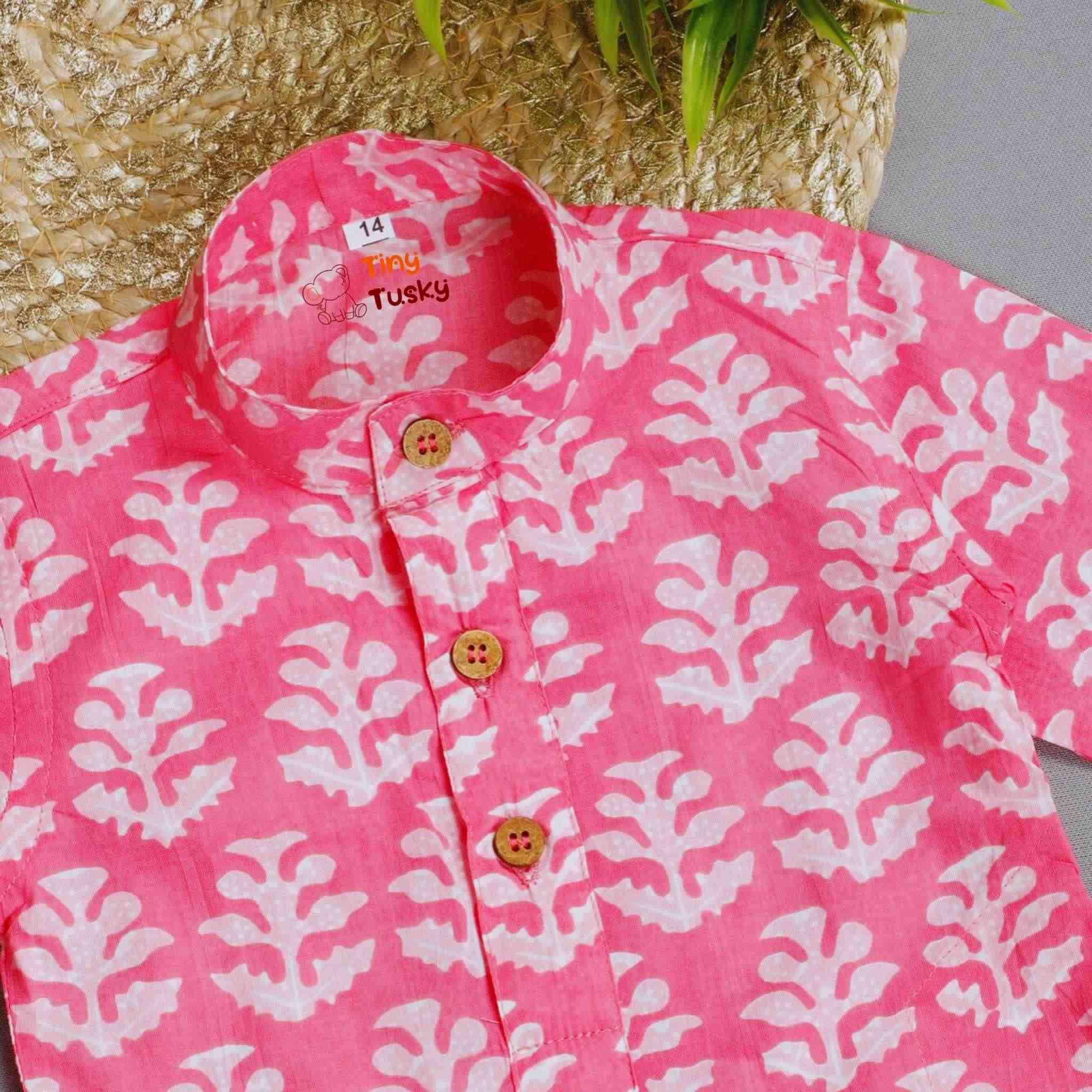 Pink Handloom Print Boys Cotton Kurta With Pajama - Tiny Tusky