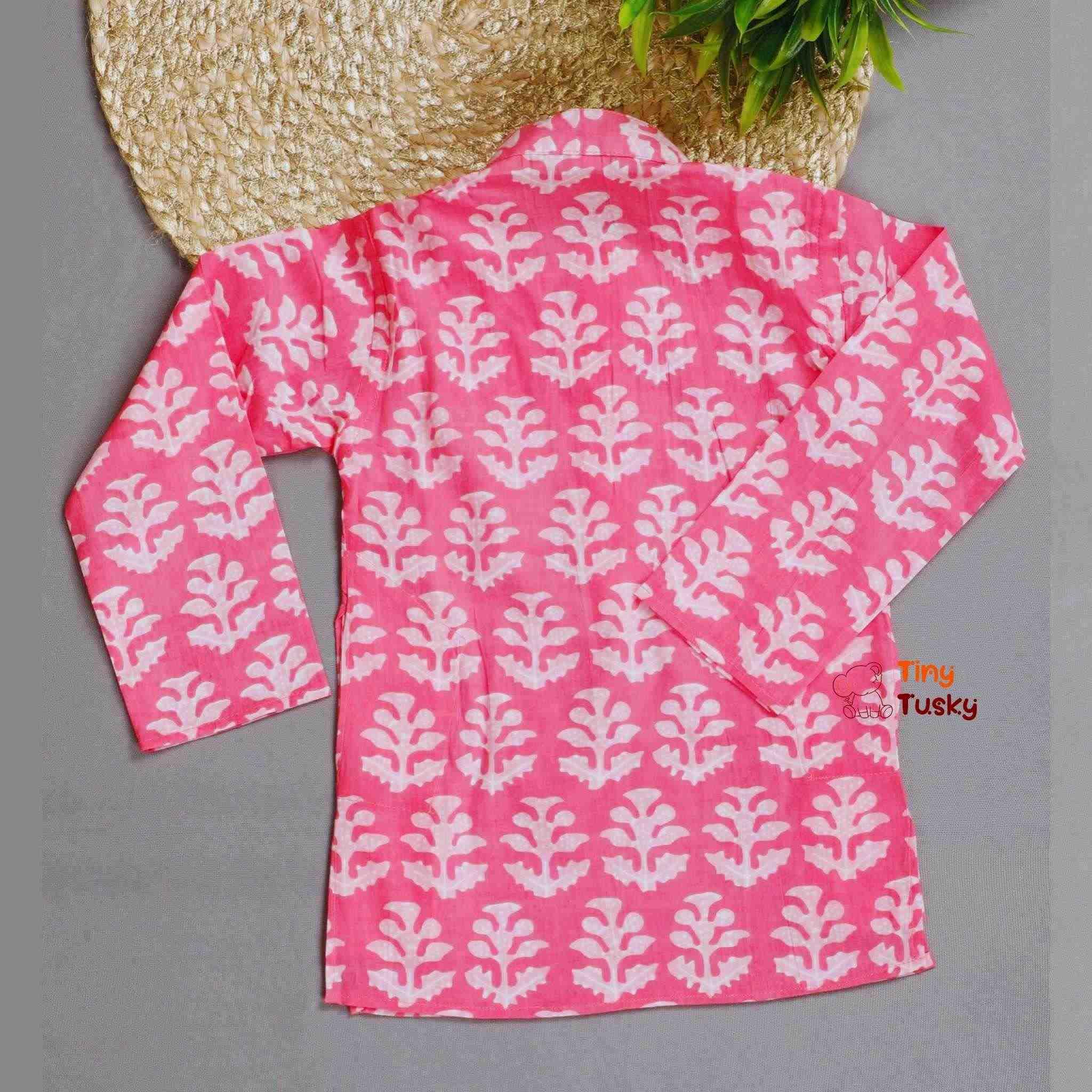 Pink Handloom Print Boys Cotton Kurta With Pajama - Tiny Tusky