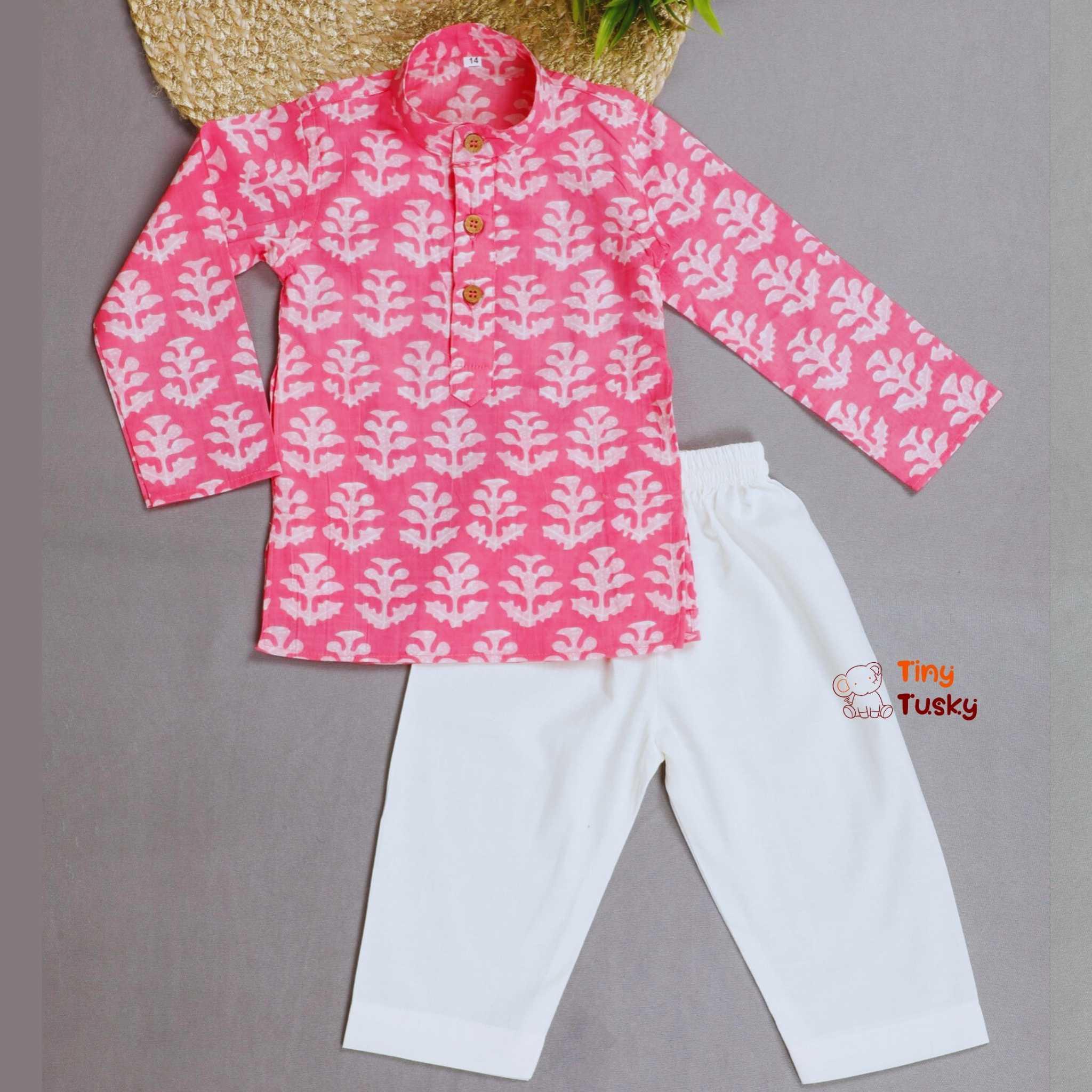 Pink Handloom Print Boys Cotton Kurta With Pajama - Tiny Tusky