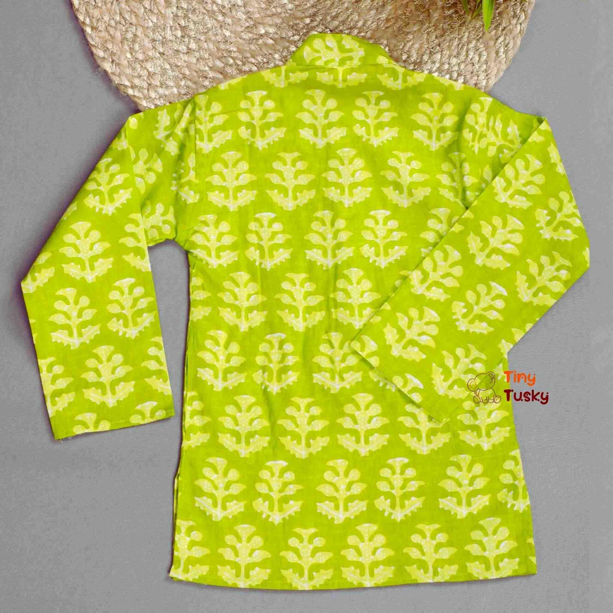 Green Handloom Block Print Boys Cotton Kurta With Pajama - Tiny Tusky