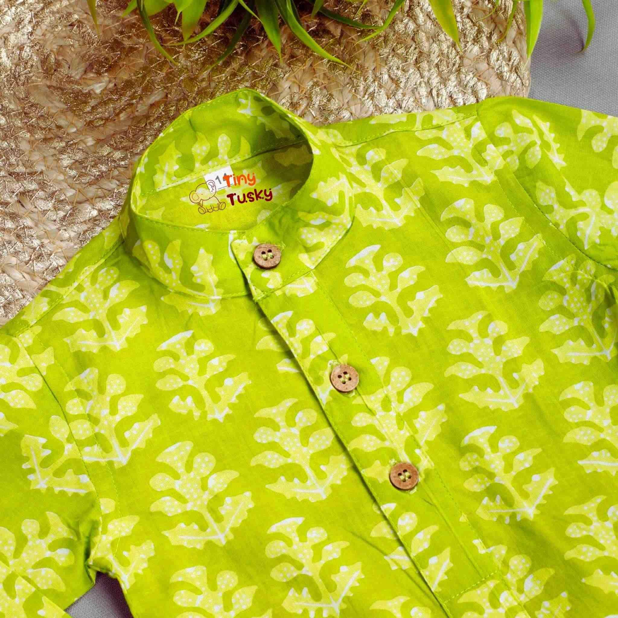 Green Handloom Block Print Boys Cotton Kurta With Pajama - Tiny Tusky