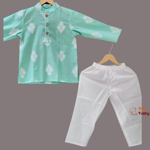 Elegant Sea Green Khadi Print Boys Kurta Jacket With Pajama - Tiny Tusky