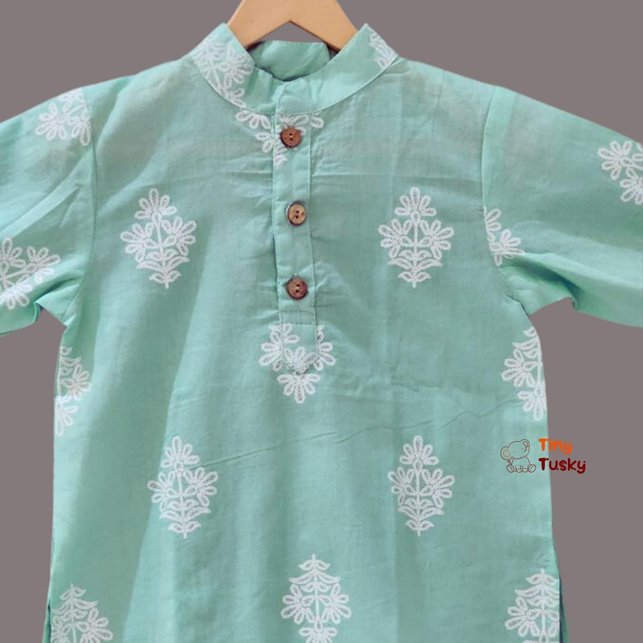 Elegant Sea Green Khadi Print Boys Kurta Jacket With Pajama - Tiny Tusky