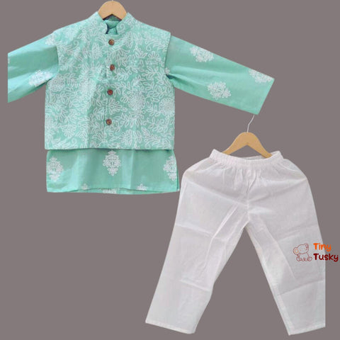 Elegant Sea Green Khadi Print Boys Kurta Jacket With Pajama - Tiny Tusky