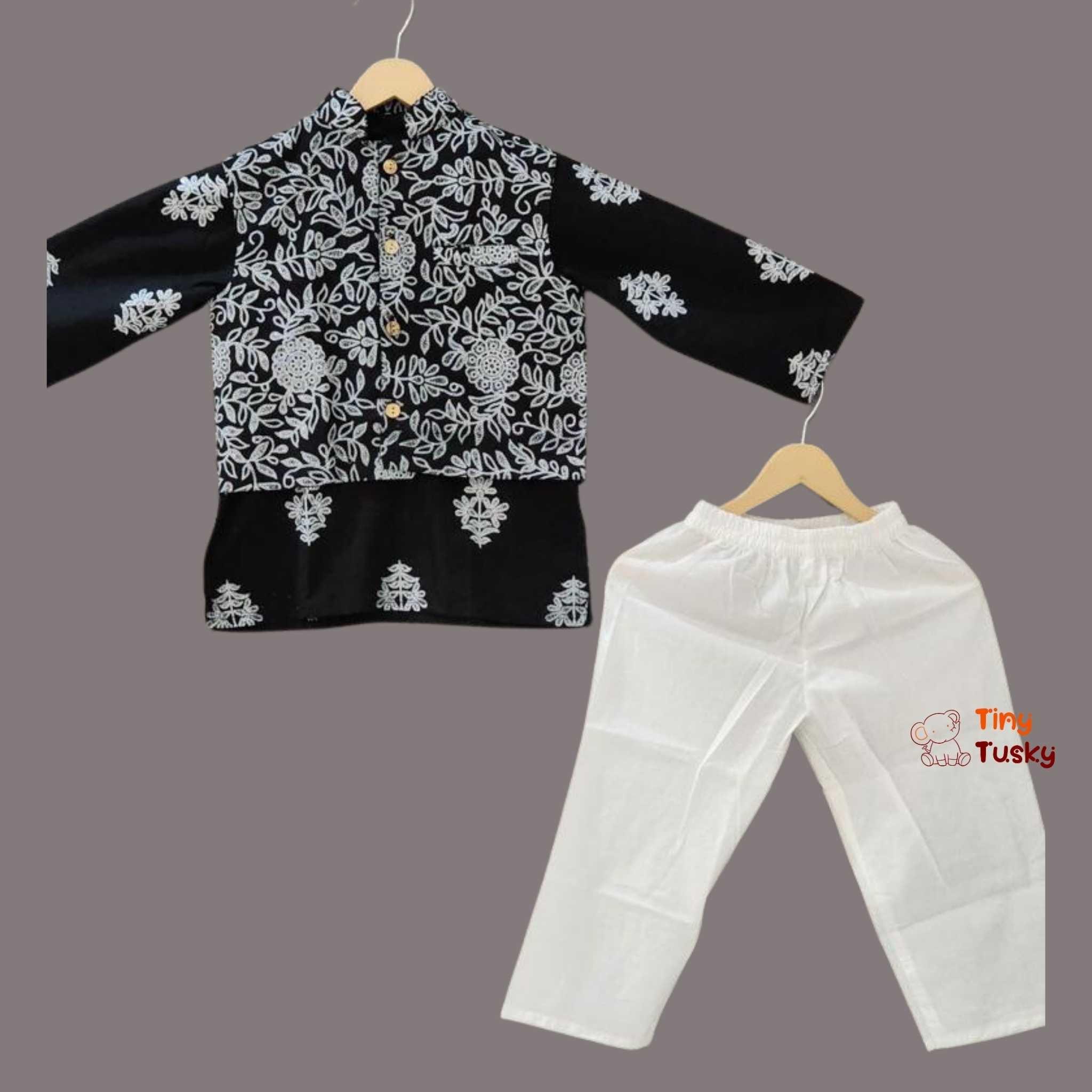 Tiny Tusky Stylish Black Khadi Print Boys Jacket And Kurta Set - Tiny Tusky