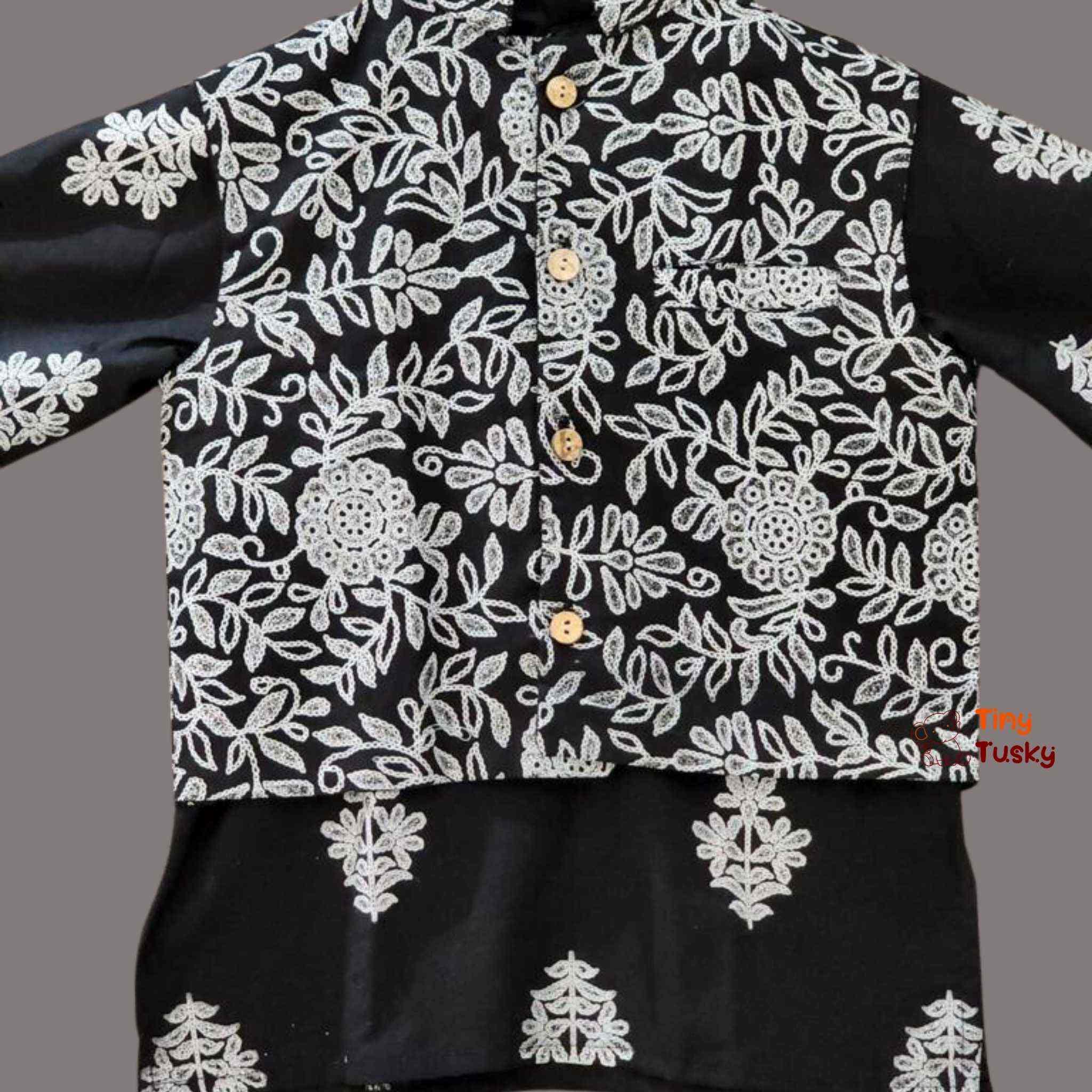 Tiny Tusky Stylish Black Khadi Print Boys Jacket And Kurta Set - Tiny Tusky