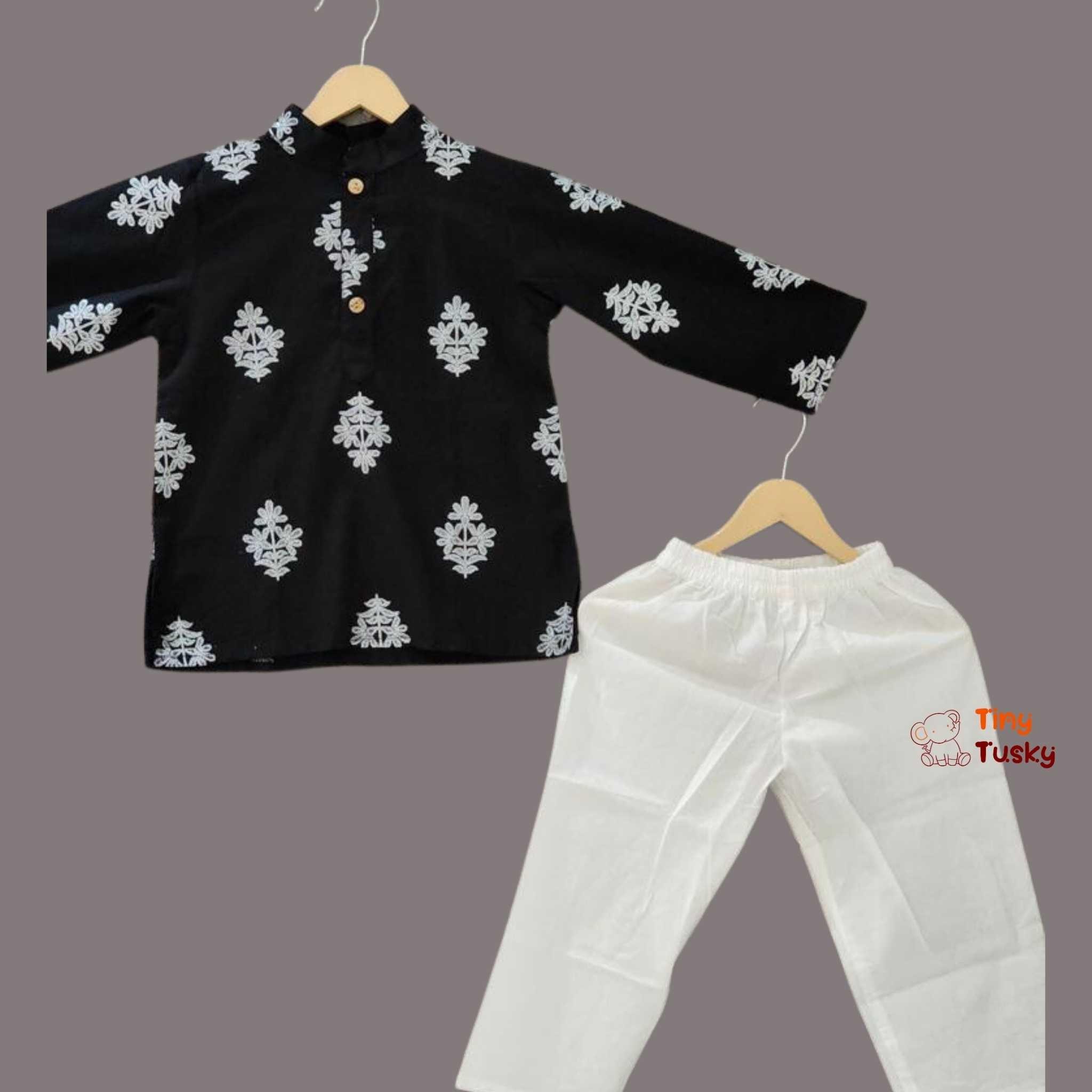 Tiny Tusky Stylish Black Khadi Print Boys Jacket And Kurta Set - Tiny Tusky