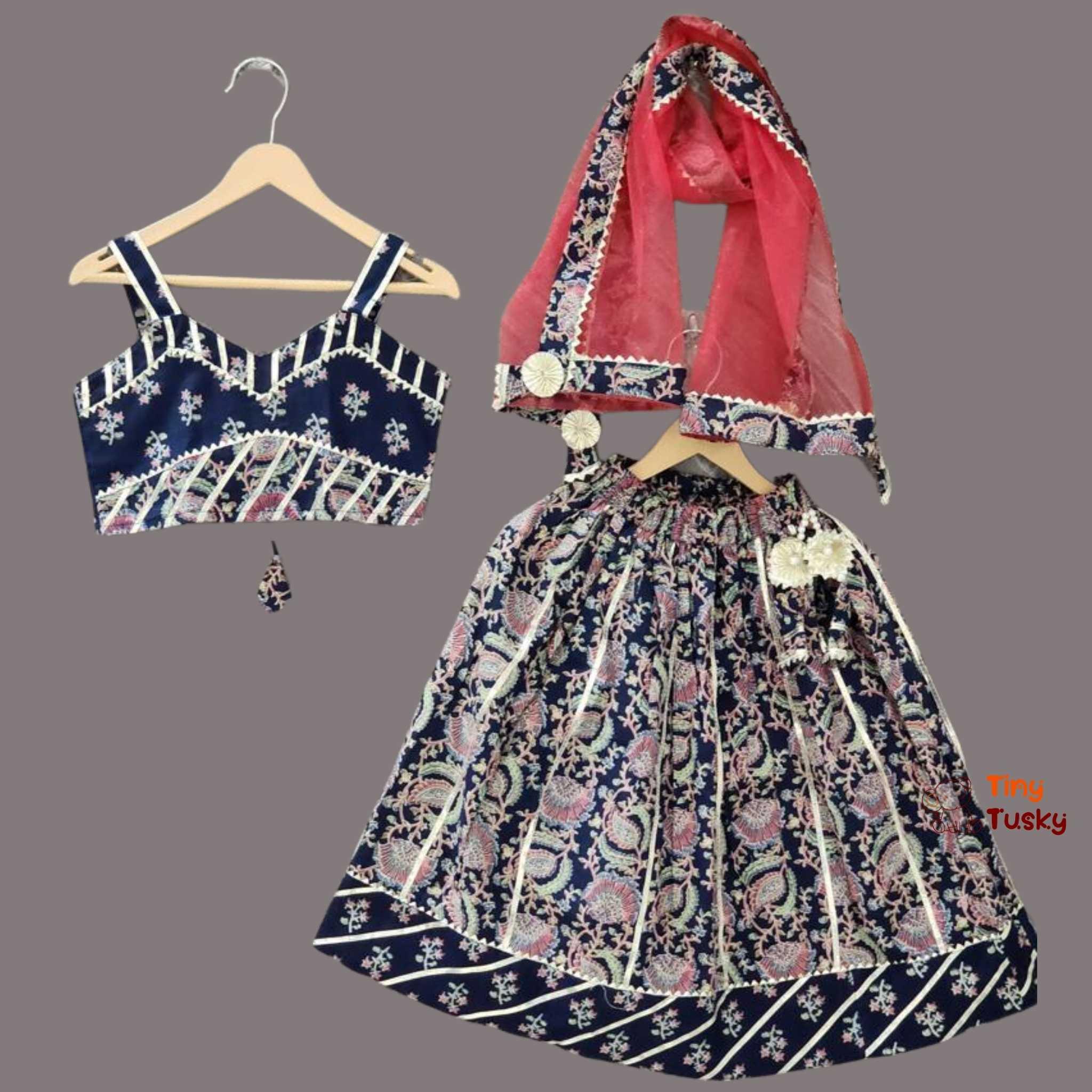 Beautiful Blue Girls Lehenga Set With Net Dupatta And Gotta Lace Work - Tiny Tusky