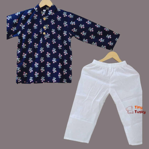 Blue Cotton Floral Print Boys Kurta White Pajama - Tiny Tusky